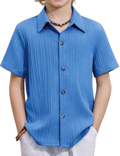 Image of Arshiner Boys Casual Short Sleeve Button Down Shirt Fashion Textured Summer Beach Shirt 3-13 Years Old