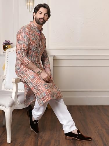 Image of SOJANYA (Since 1958 Men's Cotton Gold Thread Embroidered Long Kurta