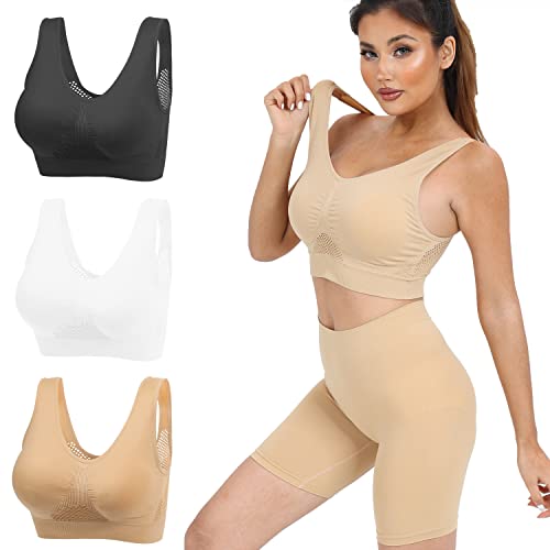 Kinyaoyao 3 Pack Breathable Design Women's Ultimate Comfy Seamless Wireless Sports Bra With Removable Pads,Black/White/Beige,X-Large #TOP1