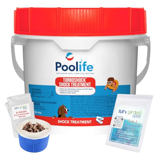 Poolife TurboShock 78% Cal-Hypo Pool Shock, 17 lb – Complete Pool Care Kit with My Garden Pool 2 Skimmer Socks and 7-in-1 Test Strips 20ct