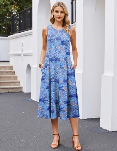 Image of HOTOUCH Summer Casual Dresses for Women Sleeveless Midi Dress Swing Tank Sundress Pleated Tshirt Dress with Pockets
