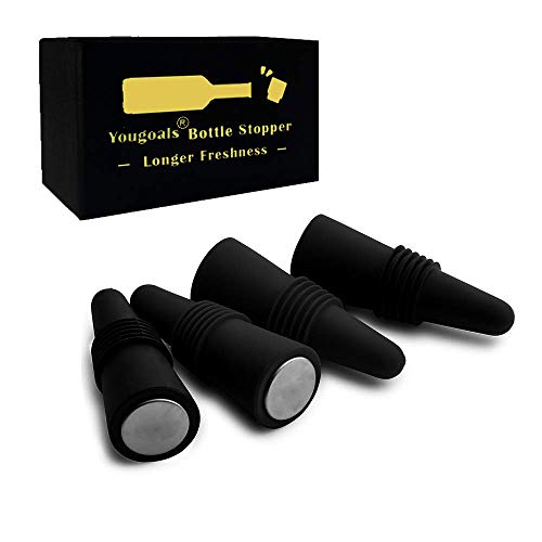 Yougoals Silicone Wine Bottle Stopper for Wine Beverage Soda Beer, Reusable Wine Stopper, Beverage Bottle Stoppers, Gifts for Wine Lovers, Man, Women(Black 4PK)