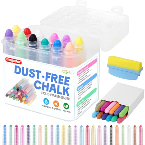 magostar Dustless Chalk for Kids with Eraser 24 Colors Non-Toxic Washable Sidewalk Chalk Set for Chalkboard & Blackboard Drawing Colored Chalk Pens