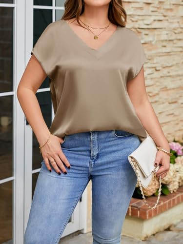 Beautife Womens Plus Size Tunic Tops Satin V Neck Cap Sleeve Shirts Summer Dressy Casual Blouses Champagne — view 2