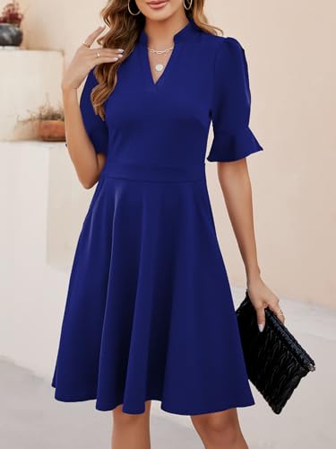 Image of Mokayee Womens Summer V Neck Ruffle Short Sleeve Fit and Flare Knee Length Church Wedding Guest Dresses with Pockets