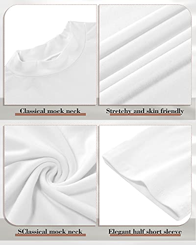 Ficerd 2 Pack Women's Tops Dressy Casual, Mock Neck Tops Half Short Sleeve Turtleneck Stretch Fitting Blouse For Women (White/Turquoise, X-Large) #TOP6