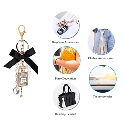 Weprosofs Cute Keychains For Women, Key Chains For Car Keys Keychain Accessories Perfume Bottle With Pearl Strands & Bowknot, Keyring Crafts Hangings For Car Accessories Handbag Decorations (Black) #TOP4