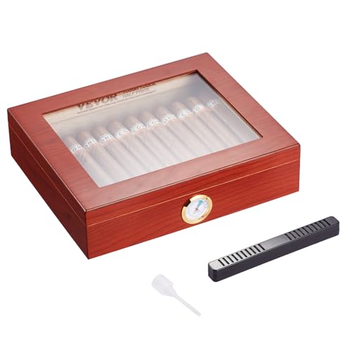 VEVOR Zigarren-Humidor, Humidor-Box mit Glasdeckel, Handgefertigte Zigarren-Schreibtischbox aus Spanischem Zedernholz, Zigarren-Aufbewahrungsbox mit Luftbefeuchter & Trennwand, 10–25 Zigarren VEVOR Zigarren-Humidor, Humidor-Box mit Glasdeckel, Handgefertigte Zigarren-Schreibtischbox aus Spanischem Zedernholz, Zigarren-Aufbewahrungsbox mit Luftbefeuchter & Trennwand, 10–25 Zigarren