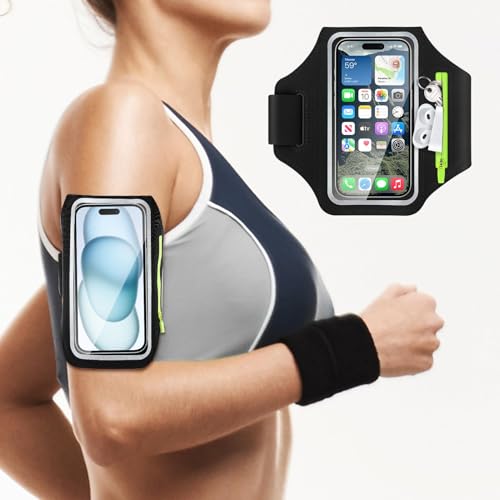 Arvoni Running Phone Holder Armband, Phone Armband for Running Reflective Waterproof, Adjustable Phone Strap with Headphone Storage, for iPhone 16/15/14 Pro Max (6.8 Inch)