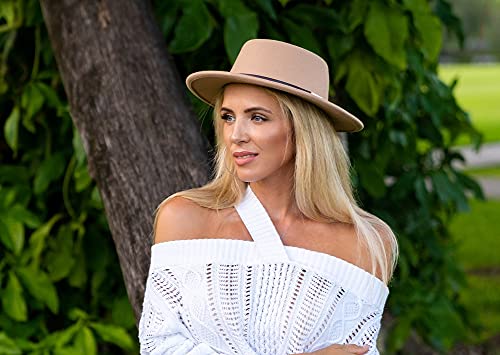 Lanzom Women Retro Felt Panama Hat With Belt Buckle Wool Wide Brim Fedora Hat (A-Khaki, Medium) #TOP4