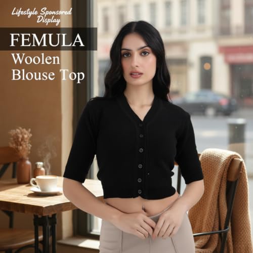 Image of Women Winter Wear V-Neck Half Sleeves Regular Fit Woollen Blouse