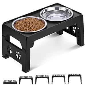 Elevated Dog Bowls, Raised Dog Bowl with 2 Stainless Steel Dog Food Bowls, Dog Bowls Stand Adjusts to 5 Heights 2.95″, 8.46″, 9.65″, 10.82″, 12.01″ for Small Medium Large Dogs Cats Pets,Black