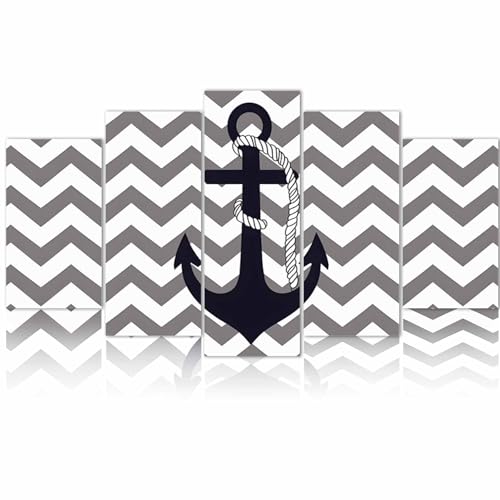 Shine-Home 5 Piece Wall Art, Grey Zigzag Canvas for Painting - Modern Wall Decor Poster, Coastal Nautical Anchor Stripes Artwork Pictures Wooden Giclee Framed for Living Room Bedroom Office Small