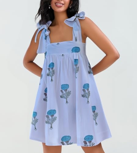 Image of Women Floral Tie Shoulder Mini Dress Cute Square Neck Loose Fit Beach Short Dress Backless Boho Vocation Sundress