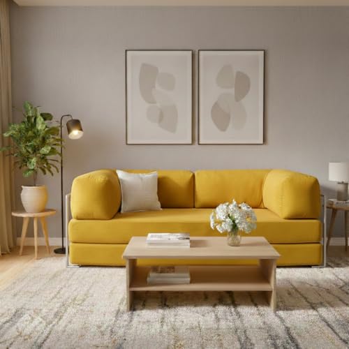 Image of Torque Vegas Three Seater Sofa Cum Bed for Sleeping-Yellow | Premium Suede Fabric 3-Seater Double Foam Fold Out Sofas Bed | Convertible 3-in-1 Sofa Cuma Bed for Office