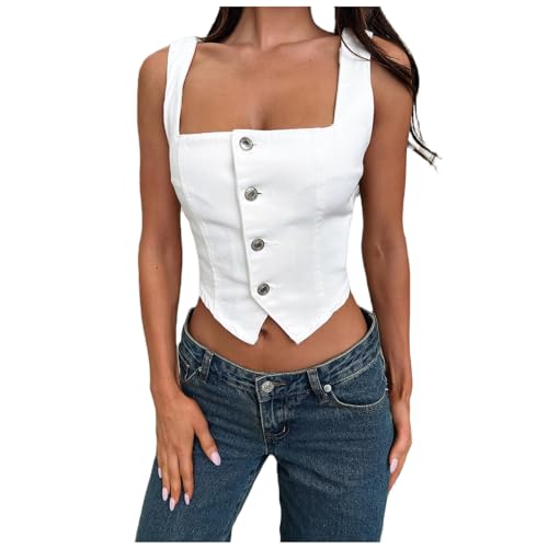 Women Y2K Button Down Denim Vest Summer Sleeveless Crop Top Jean Waistcoat Vest Corset Bustier Streetwear