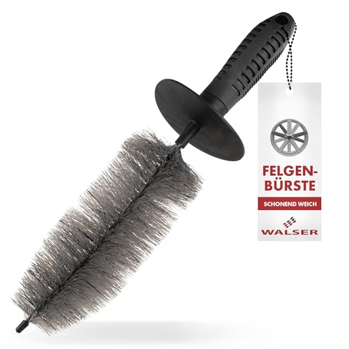 WALSER Spazzola per cerchi premium con setole, pulitore per cerchi con impugnatura ergonomica + paraspruzzi per una pulizia senza graffi e striature, spazzola per cerchi auto 37 cm