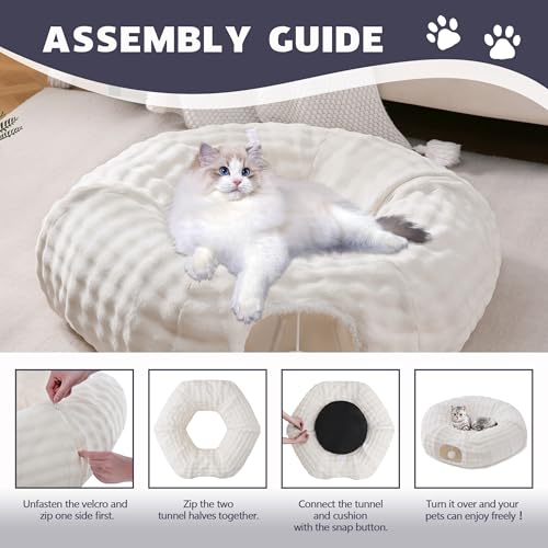 Image of Bubble Cat Tunnel for Indoor Cats, Round Peekaboo Cave Toy with Dangling Balls, Donut Tunnel Bed with Circle Mat for Puppy Kitten Rabbit, Cream White