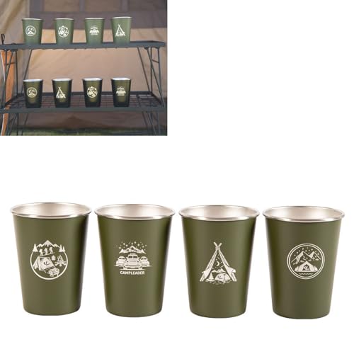 HEEPDD Stainless Steel Camping Mug Set of 4, 350ml Outdoor Cups with Diverse Patterns for Beverages, Ideal for Travel, Camping, and Picnics (Green)