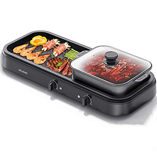 BBQ Hot Pot/Two-in-one/Smoke-free/Double-Controls/Electric Barbecue/The Indoor Non-Stick Grill,Suitable for 5-10 people, 2200W(black)