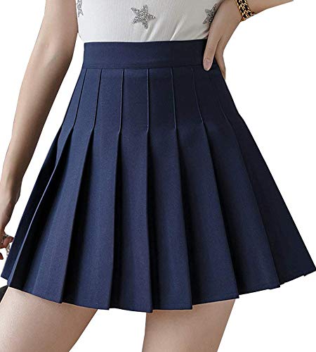 Springcmy Women Girls Short High Waist Plaid Pleated Skater A-line Tennis School Uniform Mini Skirt Navy Blue