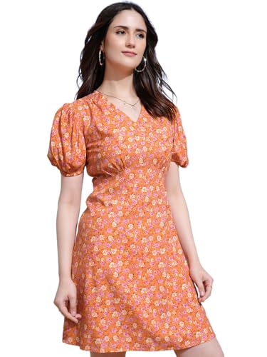 Image of Tokyo Talkies Women Peach Floral Printed Fit & Flare Mini Dress