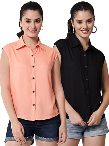 Image of FUNDAY FASHION Women's Rayon Blend Regular Fit Solid Casual Sleevesless Shirt (Pack of 2)