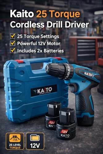 Image of KAITO 12V Cordless Drill Machine Kit | 2-Speed Electric Screwdriver Drill Set with Accessories | 10mm Keyless Chuck | 1500 RPM | Multi-Torque Clutch | 2 x 1.5Ah Batteries | For Home & Professional Use