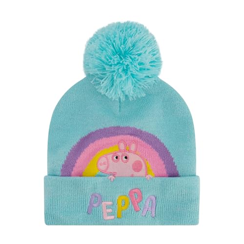 Peppa Pig Kids Beanie Hat and Gloves Set, Toddler Cuffed Winter Knit Cap with Pom and Matching Mittens, Teal Blue, One Size2