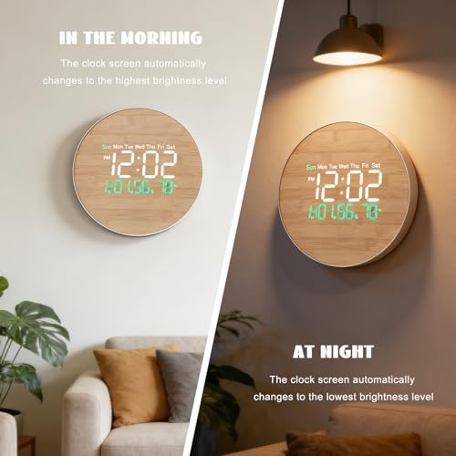 Reloj digital LED redondo en madera acabado premium de 10 pulgadas con soporte 5