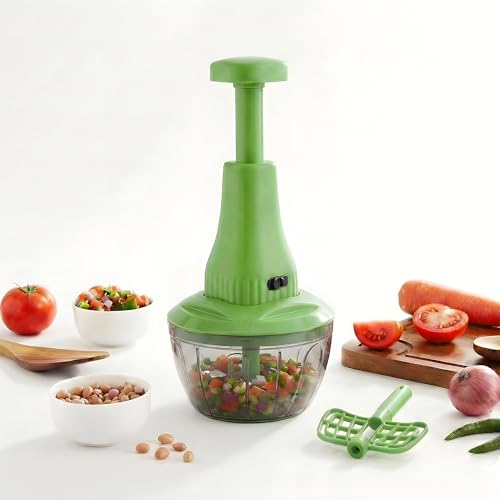 Image of Chopper for Kitchen Use | 650 ml Round Push Chopper with 3 Blades and Whisker | Chopping Vegetables & Fruits, Onion, Ginger, Garlic, Salad, Tomato, Potato (Green)