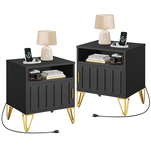 YITAHOME Night Stand Set 2, Fluted Nightstand with Charging Station, Metal Bedside Table with Storage Shelf, Modern End Tables for Bedroom Sofa Couch, Black