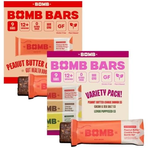 The Bomb Co. Bomb Bars Variety Pack & Peanut Butter Cookie Dough Bundle, On the Go Snack & Breakfast Bar, Energy Support, Gluten Free, Non GMO, Dairy Free, 18 Bars Cover