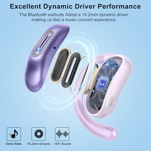 Image of Open Ear Headphones, Bluetooth 5.4 Earbuds, 50H, Air Conduction Ear buds, HD Stereo Bass Over Ear Earphones with Earhooks, Ultra-Comfort Secure, IPX7 Waterproof Headset for Working Sports, Purple