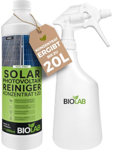 BIOLAB Solar & PV Photovoltaik Reiniger Konzentrat 1:20 (1 Liter plus Sprühflasche) zur Reinigung von Solaranlage, Photovoltaikanlage, Balkonkraftwerk...