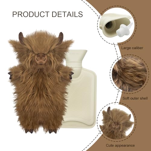 Wärmflasche mit Bezug 1L, Tier Wärmflasche Kinder, Gummi Wärmflaschen mit Kuschelig Bezug, Plüsch Wärmflaschen Ochse für Bauch Hand Fuß Körper Warmhalten, Hot Water Bottle Zur Reinigung Abnehmbar