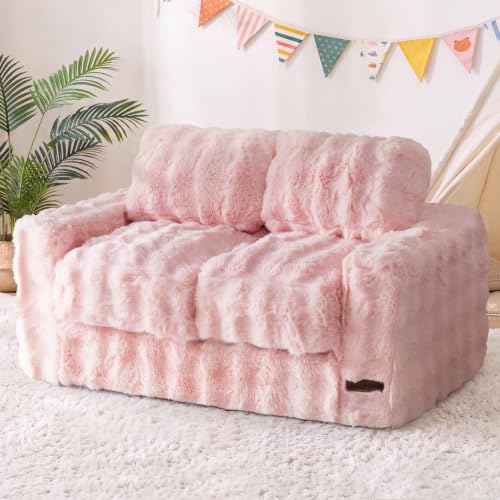 Image of MAXYOYO Kids Bean Bag Chair, Comfy Upholstered Bean Bag Sofa with Filler | Extra Wide Bubble Fabric Floor Sofa with Pillows and Armrests, Lazy Floor Chair Couch for Boys and Girls, Pink