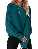 ZESICA Women's 2025 Fall Long Sleeve Crew Neck Solid Color Cable Knit Chunky Casual Oversized Pullover Sweater Tops Teal Large