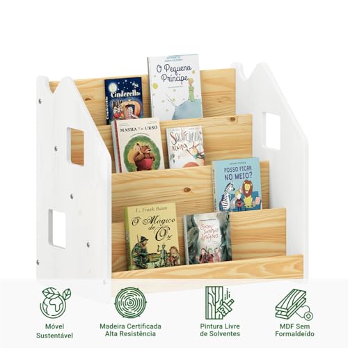 Porta Livros Branco Madeira de Chão 4 Nichos Livreiro Bruno (Branco/Natural)
