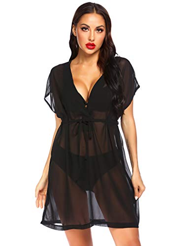 Misakia Women Bathing Suit Kimono Beach Cover Up Lace Crochet Pool Swimwear Black L