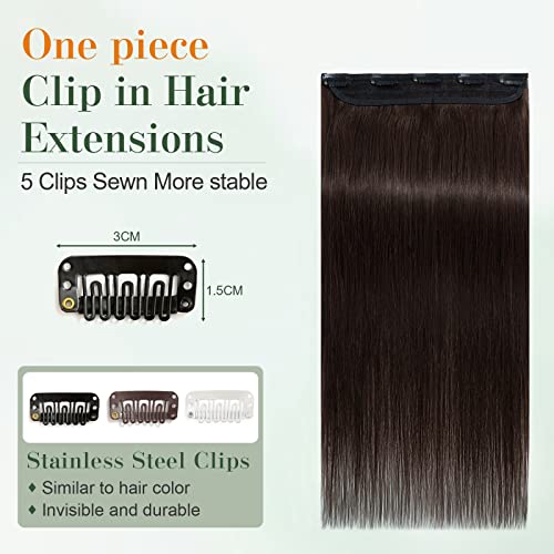 Image of Benehair One Piece Clip in Hair Extensions Human Hair Dark Brown Hair Extensions Clip in Human Hair 24inch 3 /4 Full Head Straight Remy Human Hair 5 Clips