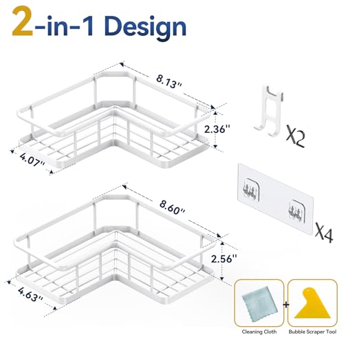 Image of YASONIC Corner Shower Caddy Adhesive, 100% Rustproof Shower Organizer, No Drill Shower Shelf for Inside Shower, Wall-Mounted Shower Storage for Homes (2 Pack, White)