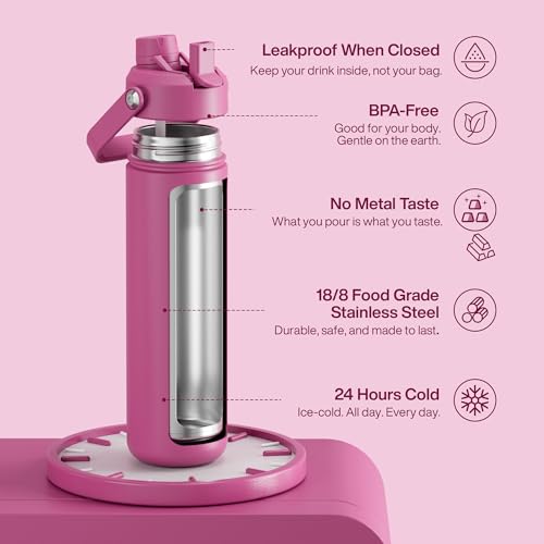 Image of ENCOOL Insulated Water Bottle with Straw Stainless Steel Water Bottle, Leak-Proof, BPA-Free, Double Wall Vacuum Keeps Cold for 24 Hours for Sports, Travel, School (26 oz, Turkish Rose)