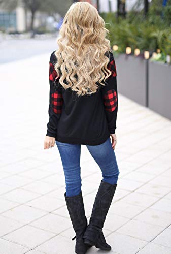 Blooming Jelly Women's Crewneck Sweatshirt Colorblock Plaid Shirt Elbow Patches Pullover Sweatshirt Christmas Top(L) Black - Image 5