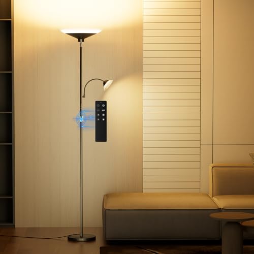 SIBRILLE Torchiere Floor Lamp with Gooseneck Reading Light, 4 Color Temperatures, Dimmable & Individual Light Control, 34W Bright Tall Lamp with Remote & Button, 180° Rotatable Head for Living Room