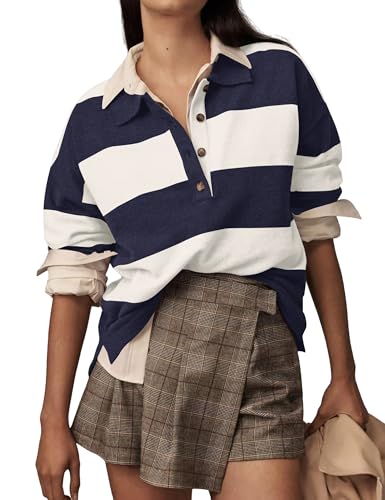 Women Striped Sweater Shirts Lapel Polo V Neck Long Sleeve Strip Knit Pullover Casual Layer Top Jumper Y2K Shirt Navy