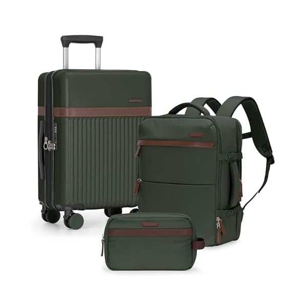 U.S. Traveler Vista Way 3-Piece Travel Set, 21-Inch Carry-on Hardside with TSA Lock, 18-Inch Travel Backpack with Laptop Sleeve, Toiletry Bag, Green