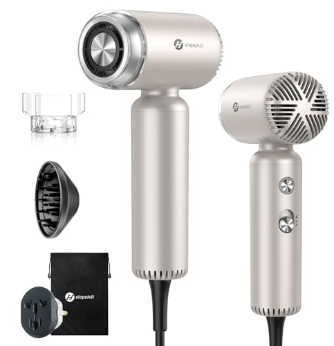 slopehill Dual Voltage Travel Mini Hair Dryer, Lightweight Ionic Blow Dryer, Professional Fast Drying, Compact Portabe Quiet Hairdryer with Magnetic Diffuser for Women, International European 100-240V