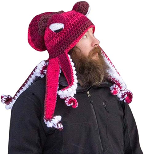 Bprtcra Bonnet tricoté à la main, Adulte unisexe drôle avec tentacules de pieuvre en carton et yeux Cosplay pour fête, Rouge, Taille unique