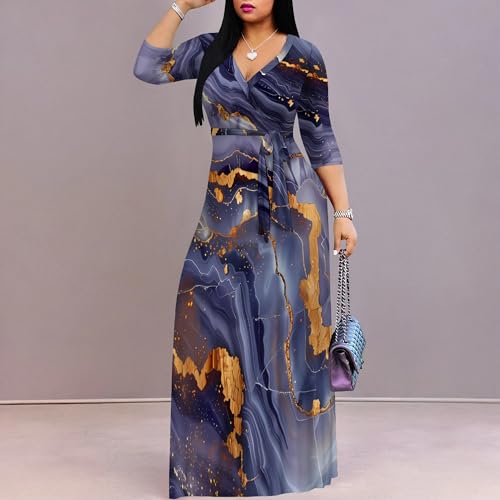 Image of PinkPatty Women's Print Maxi Dresses 3 /4 Sleeve Flowy Long Dress V Neck Wrap Tie Waist Sundress